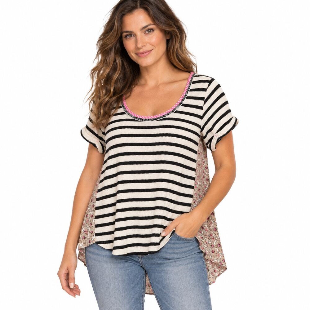 Akemi + Kin Anthropologie Striped Floral Mixed Media Top Size L